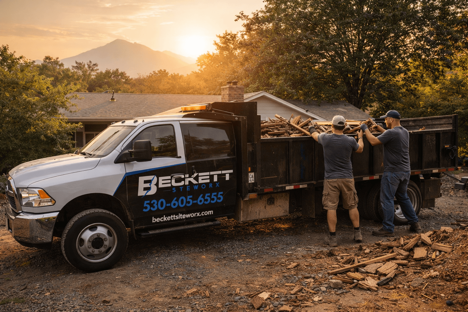 Beckett Siteworx junk removal and demolition truck at sunset in Northern California