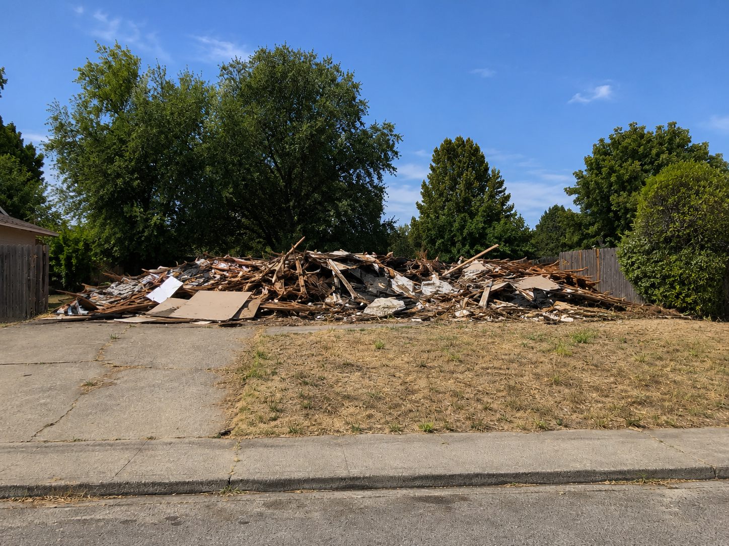 Demolished house debris piled up for hauling
