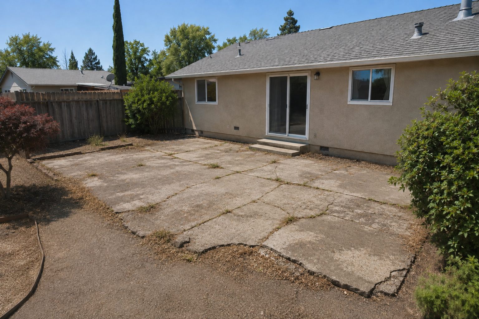 Old, cracked concrete patio before demolition