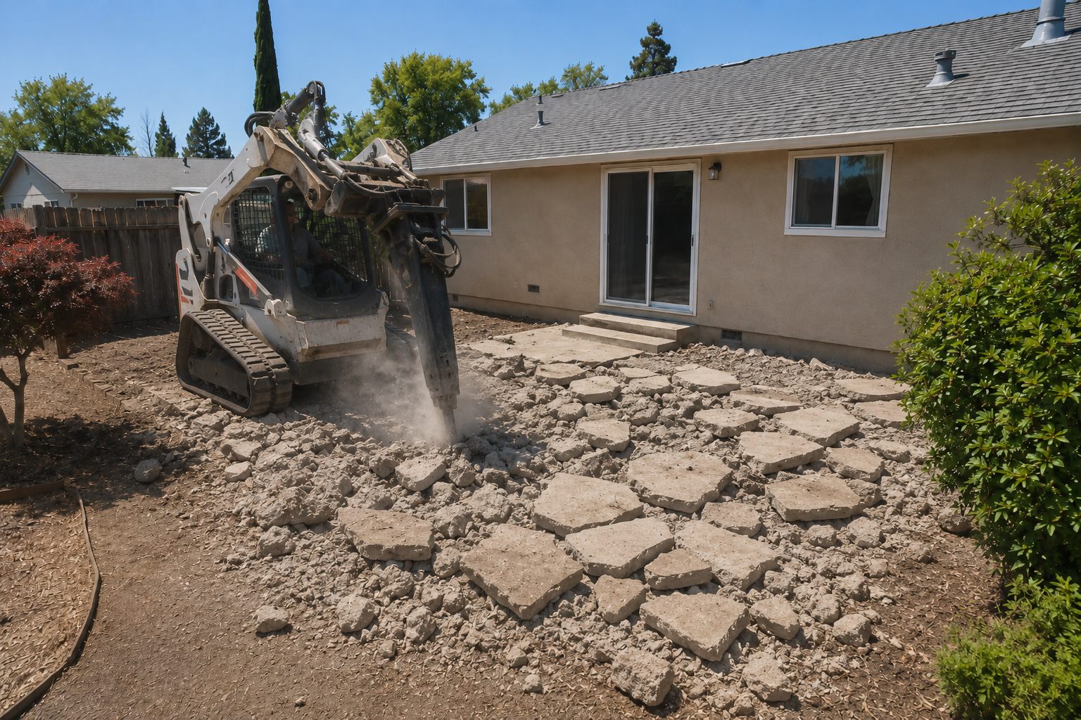 Skid steer breaking up the old concrete patio