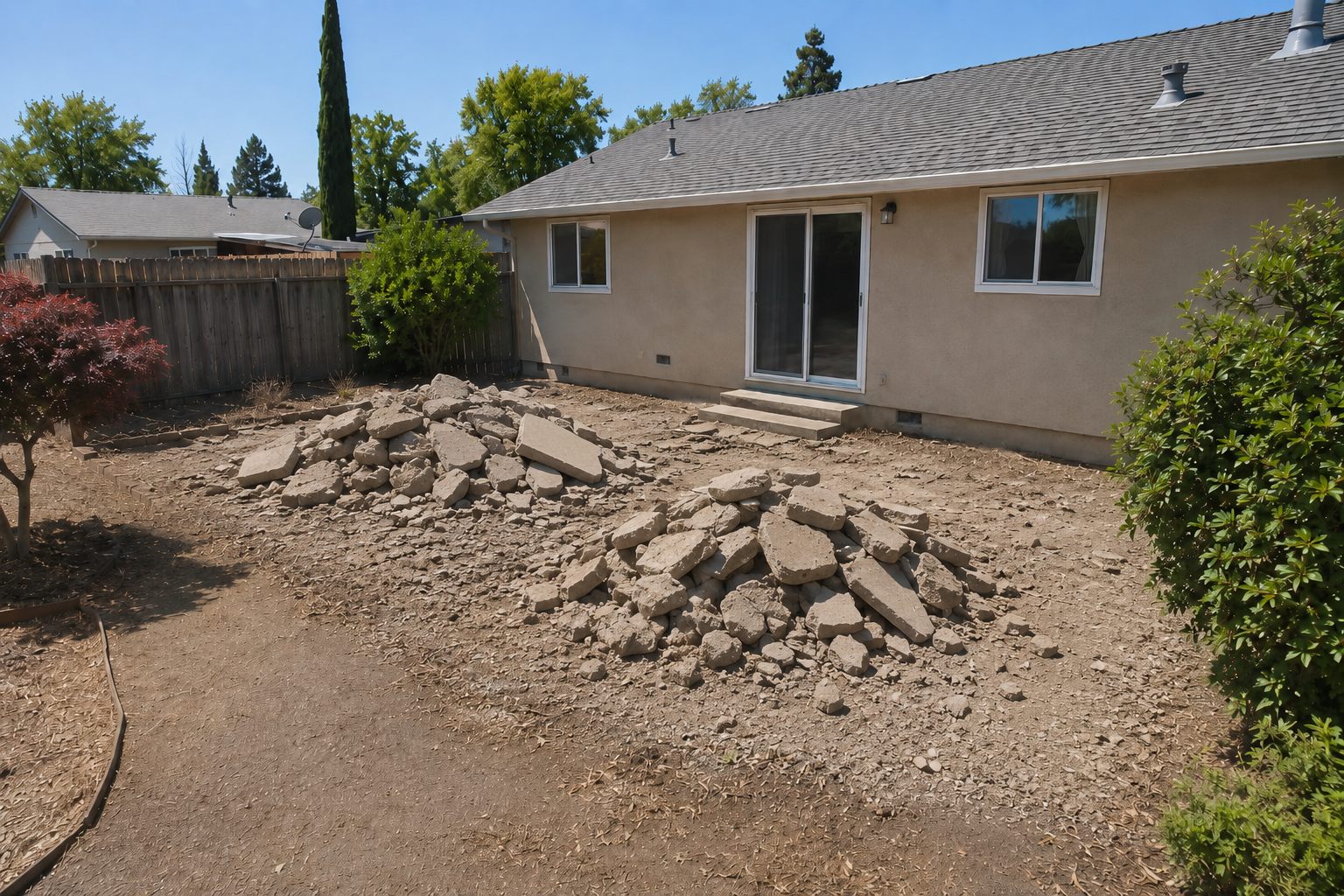 Broken patio concrete piled up for hauling
